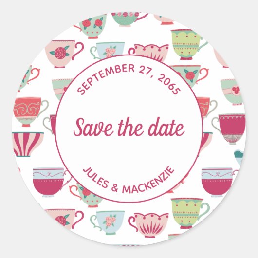 Tea Cups Modern sparen de Datum Ronde Sticker (Voorkant)