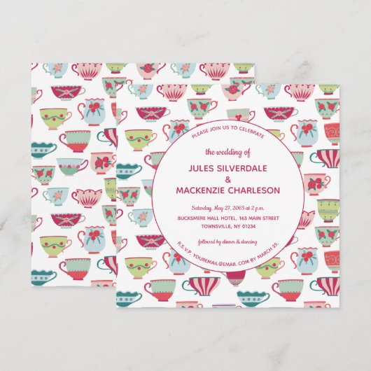 Tea Cups Modern Vintage Wedding Kaart (Voorkant / Achterkant)