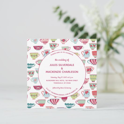 Tea Cups Modern Vintage Wedding Kaart (Staand voorkant)