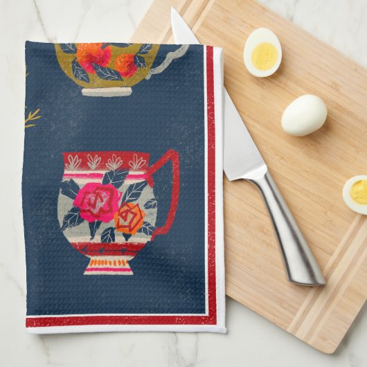 Tea Cups Navy Tea Towel Theedoek (Quarter Fold)