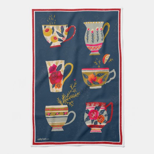 Tea Cups Navy Tea Towel Theedoek (Verticaal)