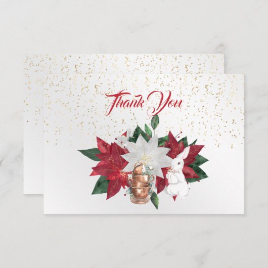 Tea Cups Poinsettia Rabbit Kerstmis Bedankkaart (Voorkant / Achterkant)