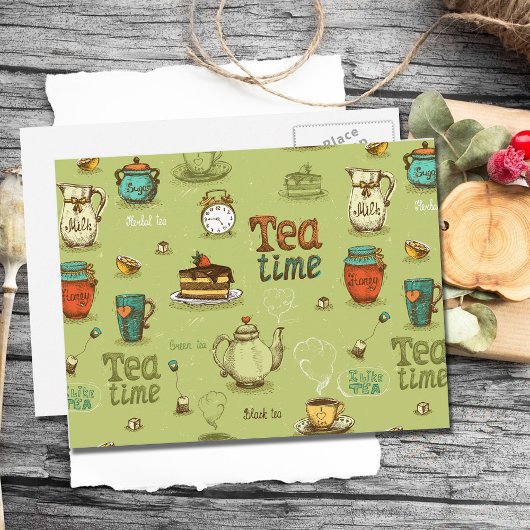Tea en Honey Tea Time in Green Briefkaart