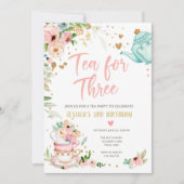 Tea for Three Birthday Invitation Floral Tea Party Kaart (Voorkant)