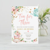 Tea for Three Birthday Invitation Floral Tea Party Kaart (Staand voorkant)