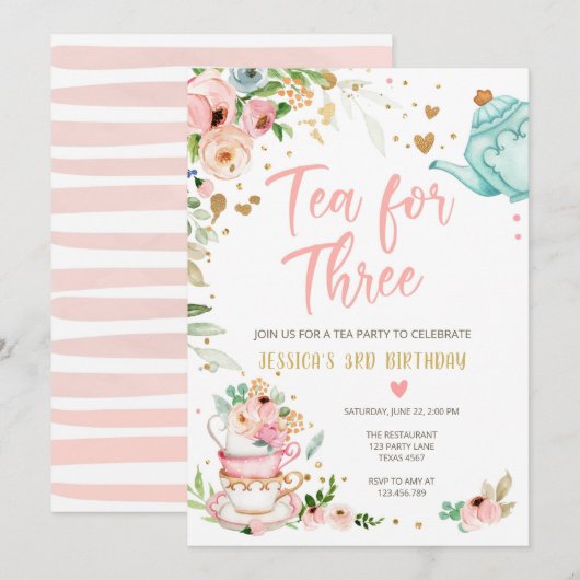 Tea for Three Birthday Invitation Floral Tea Party Kaart (Voorkant / Achterkant)