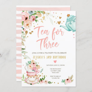 Tea for Three Birthday Invitation Floral Tea Party Kaart