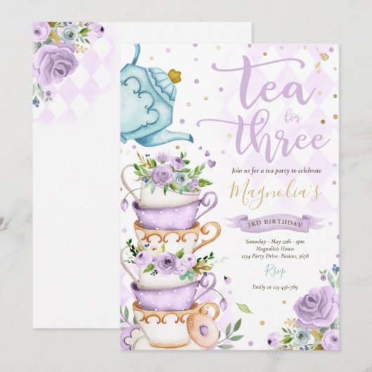 Tea for Three Birthday Paars Floral Tea Party Kaart (Voorkant / Achterkant)