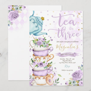 Tea for Three Birthday Paars Floral Tea Party Kaart