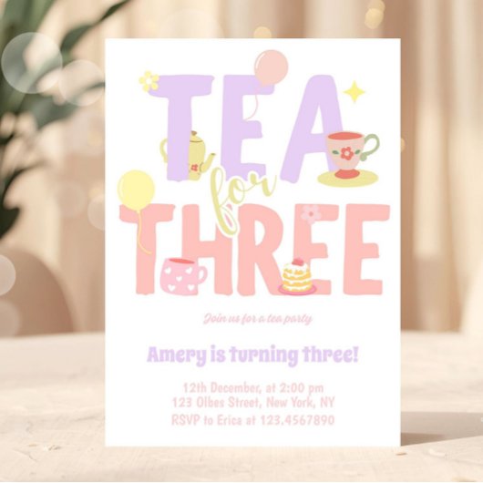 Tea For Three Birthday Pink Pastel Tea Party Kaart