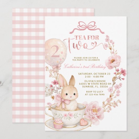 Tea for Two 2nd Birthday Bunny Spring Pink  Kaart (Voorkant / Achterkant)