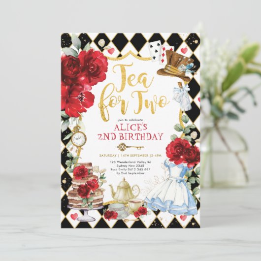 Tea for Two Alice in Wonderland Floral Birthday Kaart (Staand voorkant)