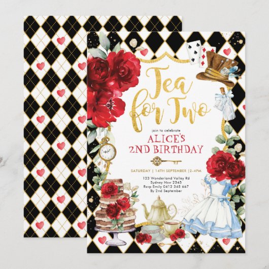 Tea for Two Alice in Wonderland Floral Birthday Kaart (Voorkant / Achterkant)
