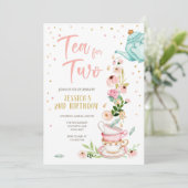 Tea for Two Birthday Invitation Floral Tea Party Kaart (Staand voorkant)