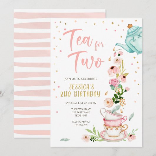 Tea for Two Birthday Invitation Floral Tea Party Kaart (Voorkant / Achterkant)