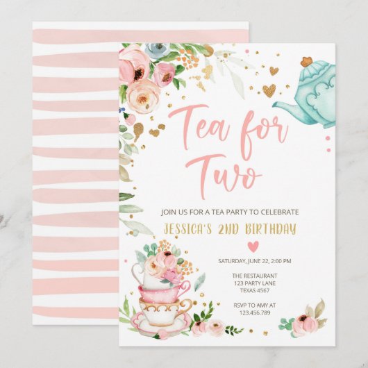 Tea for Two Birthday Invitation Floral Tea Party Kaart (Voorkant / Achterkant)