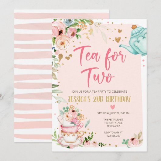 Tea for Two Birthday Invitation Floral Tea Party Kaart (Voorkant / Achterkant)