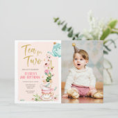 Tea for Two Birthday Invitation Floral Tea Party Kaart (Staand voorkant)