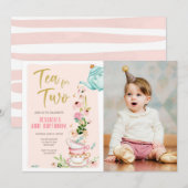 Tea for Two Birthday Invitation Floral Tea Party Kaart (Voorkant / Achterkant)