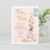 Tea for Two Birthday Invitation Floral Tea Party Kaart (Staand voorkant)