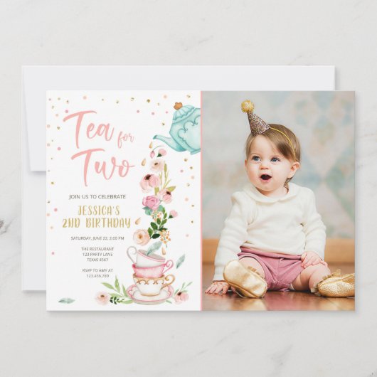 Tea for Two Birthday Invitation Floral Tea Party Kaart (Voorkant)