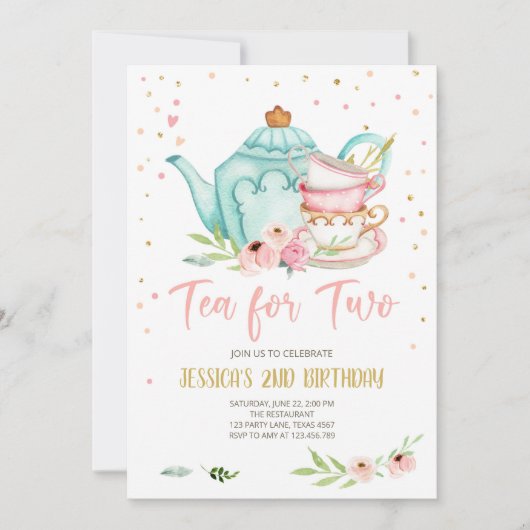 Tea for Two Birthday Noite Floral Tea Party Girl Kaart (Voorkant)