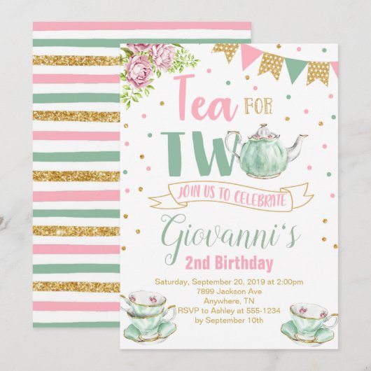 Tea for Two Birthday Party Invitation Kaart (Voorkant / Achterkant)