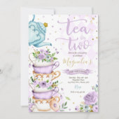 Tea for Two Birthday Party Paars Floral Tea Party Kaart (Voorkant)
