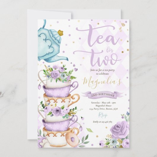 Tea for Two Birthday Party Paars Floral Tea Party Kaart (Voorkant)