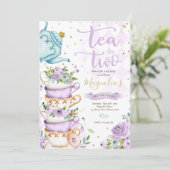 Tea for Two Birthday Party Paars Floral Tea Party Kaart (Staand voorkant)
