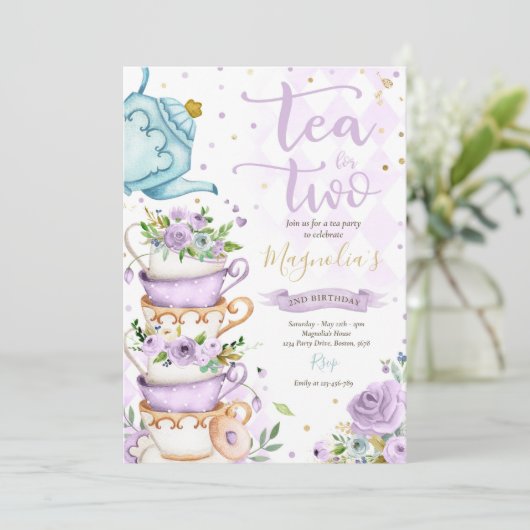Tea for Two Birthday Party Paars Floral Tea Party Kaart (Staand voorkant)