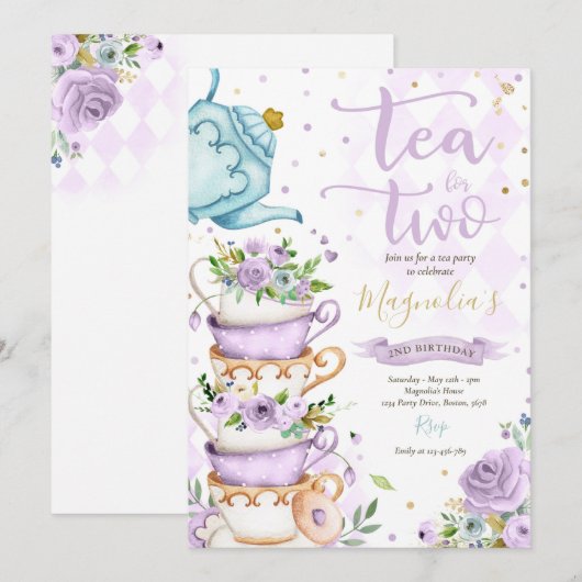 Tea for Two Birthday Party Paars Floral Tea Party Kaart (Voorkant / Achterkant)