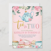 Tea for Two Floral 2nd Birthday Invitation Kaart (Voorkant)