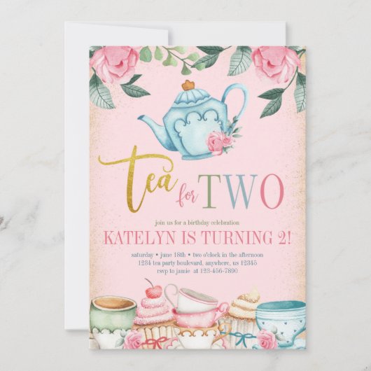 Tea for Two Floral 2nd Birthday Invitation Kaart (Voorkant)