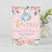 Tea for Two Floral 2nd Birthday Invitation Kaart (Staand voorkant)