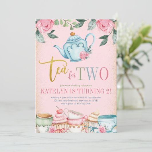 Tea for Two Floral 2nd Birthday Invitation Kaart (Staand voorkant)