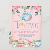 Tea for Two Floral 2nd Birthday Invitation Kaart (Voorkant / Achterkant)