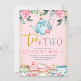 Tea for Two Floral 2nd Birthday Invitation Kaart