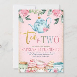 Tea for Two Floral 2nd Birthday Invitation Kaart