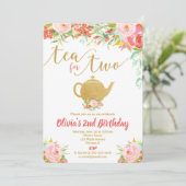 Tea for two floral gold verjaardagsuitnodiging gir kaart (Staand voorkant)