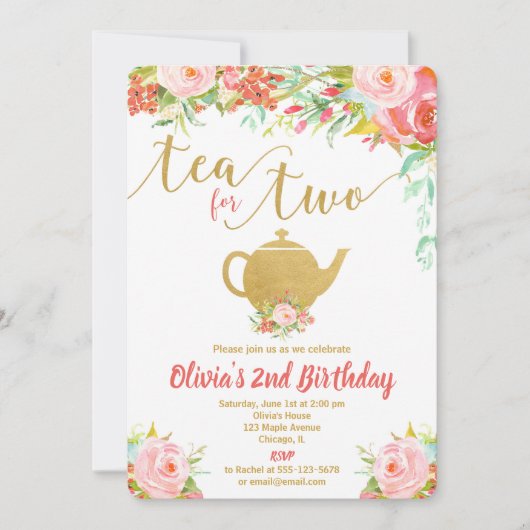 Tea for two floral gold verjaardagsuitnodiging gir kaart (Voorkant)