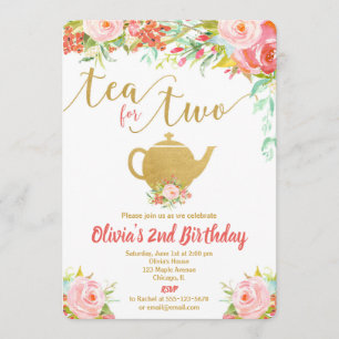 Tea for two floral gold verjaardagsuitnodiging gir kaart