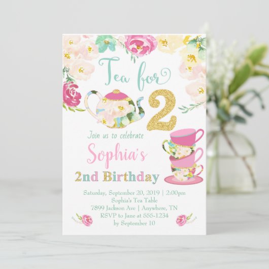 Tea for Two Girls 2e verjaardag Uitnodiging (Staand voorkant)