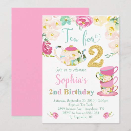 Tea for Two Girls 2e verjaardag Uitnodiging (Voorkant / Achterkant)