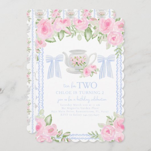 Tea for Two Grandmillennial Birthday Invitation Kaart (Voorkant / Achterkant)