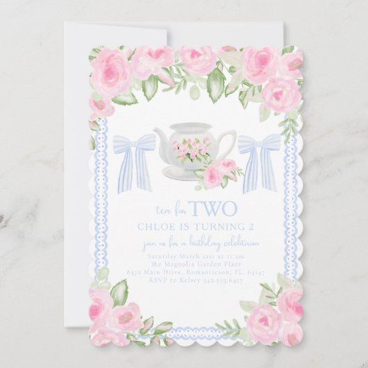 Tea for Two Grandmillennial Birthday Invitation Kaart (Voorkant)