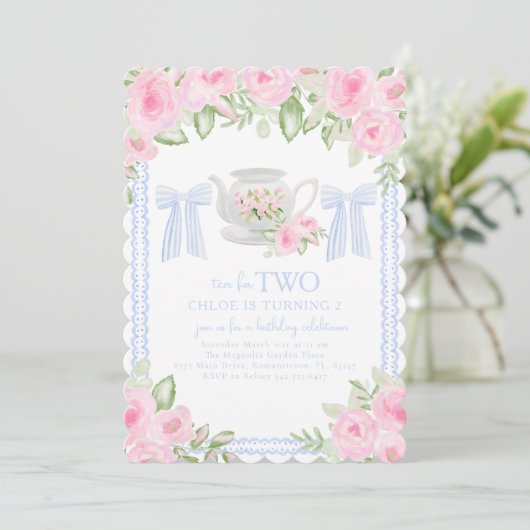Tea for Two Grandmillennial Birthday Invitation Kaart (Staand voorkant)