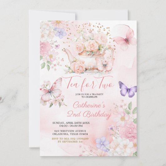 Tea For Two Pink Purple Tea Party Butterfly  Kaart (Voorkant)