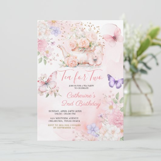 Tea For Two Pink Purple Tea Party Butterfly Kaart (Staand voorkant)
