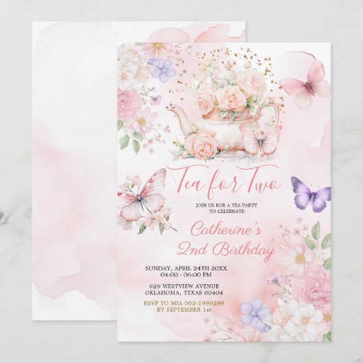 Tea For Two Pink Purple Tea Party Butterfly  Kaart (Voorkant / Achterkant)